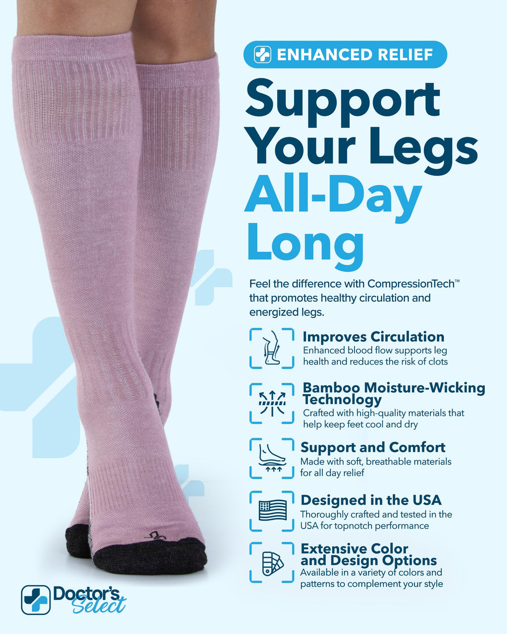 Doctor's Select® Bamboo Viscose Light Compression Socks for Women & Men - 3 Pairs, Knee High Comfort and Support, 8-15 mmHg Compression Socks Women, Gray, Blue, Rose