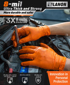 LANON 8mil Orange Disposable Nitrile Gloves, Mechanic, Heavy Duty, Food Safe, Latex Free, Powder Free, Fully-Diamond Textured, Medium