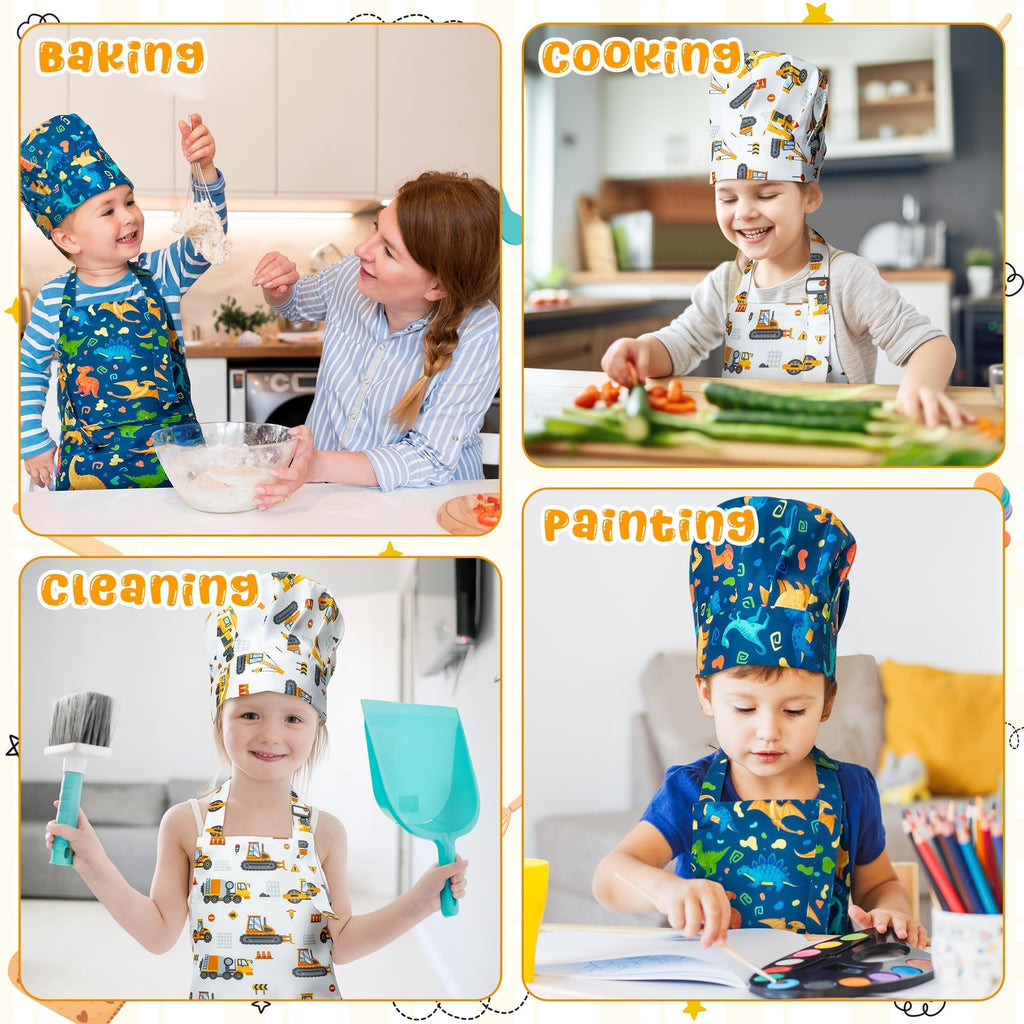 GROBRO7 4Pcs Kids Apron and Chef Hat Set Gift for Girls Boys, Dinosaurs Construction Vehicles Adjustable Kitchen Cooking Child Aprons with 2 Pockets Waterproof Smocks for Baking Painting Crafting
