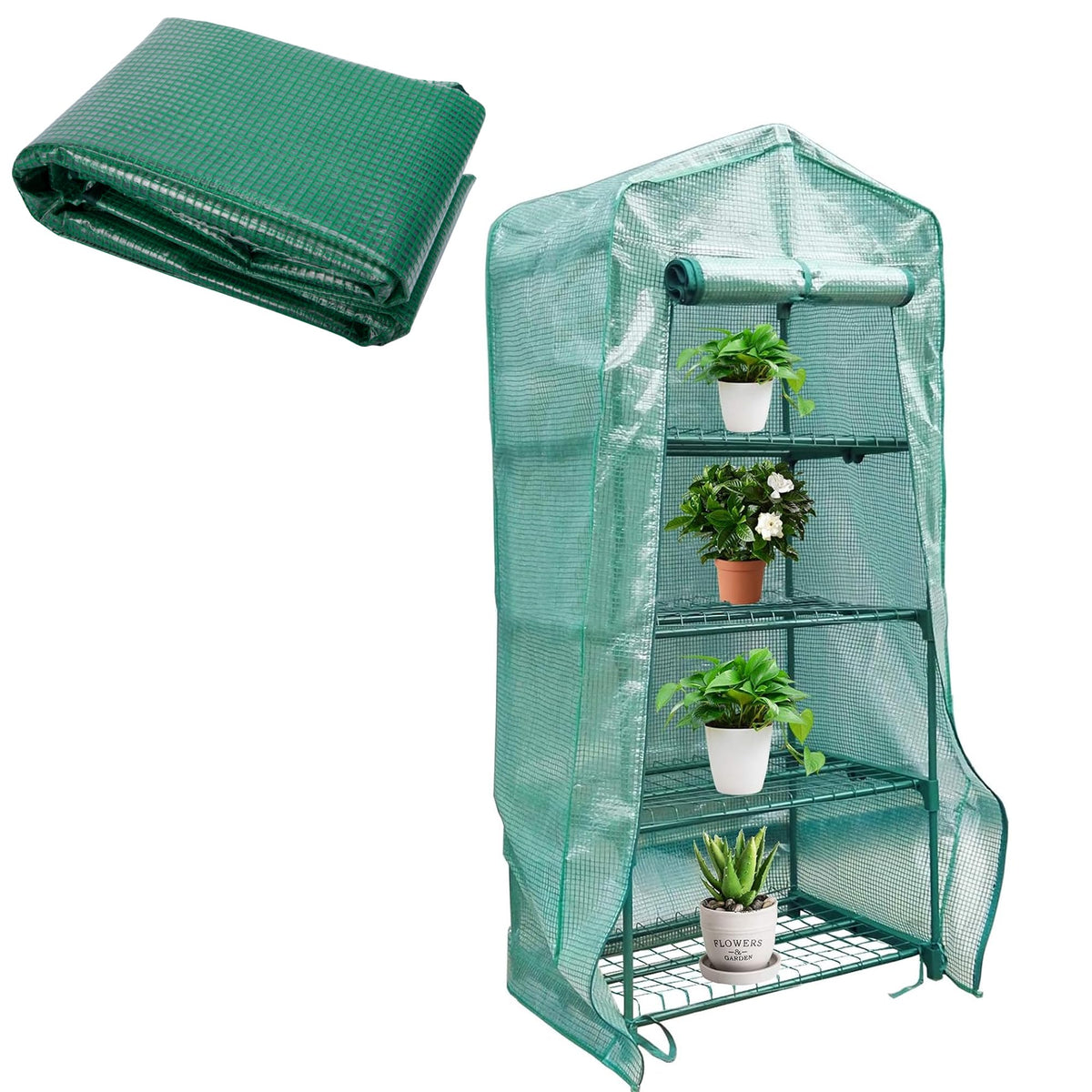 4 Tier Greenhouse Replacement Cover with Roll-Up Zipper Door