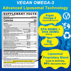 Vegan Omega-3 Gummies 1000mg +CoQ10+Magnesium- EPA 600mg DHA 400mg, Fish Oil Omega 3 Supplements Alternative for Women Men Adults, Liposomal, Algae, Plant Sterols, Garlic,B6,B9, B12, Sugar Free, 2Pack