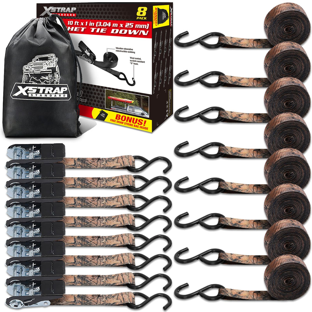 XSTRAP STANDARD Ratchet Tie Down Straps - 8PK - 1'' x 10 ft - 900 LB Break Strength Cargo Straps for Moving Appliances, Lawn Equipment, Motorcycle (Camouflage2)