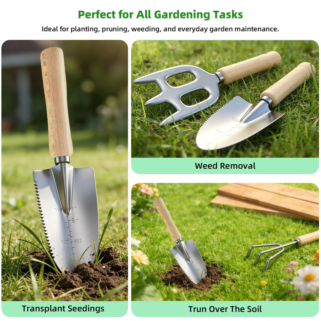Garden Tools Set, 9-Piece Heavy Duty Gardening Tools with Clear Pocket Tote Bag, Stainless Steel Garden Hand Tools for Digging, Planting, Weeding and Pruning, Durable Gardening Kit