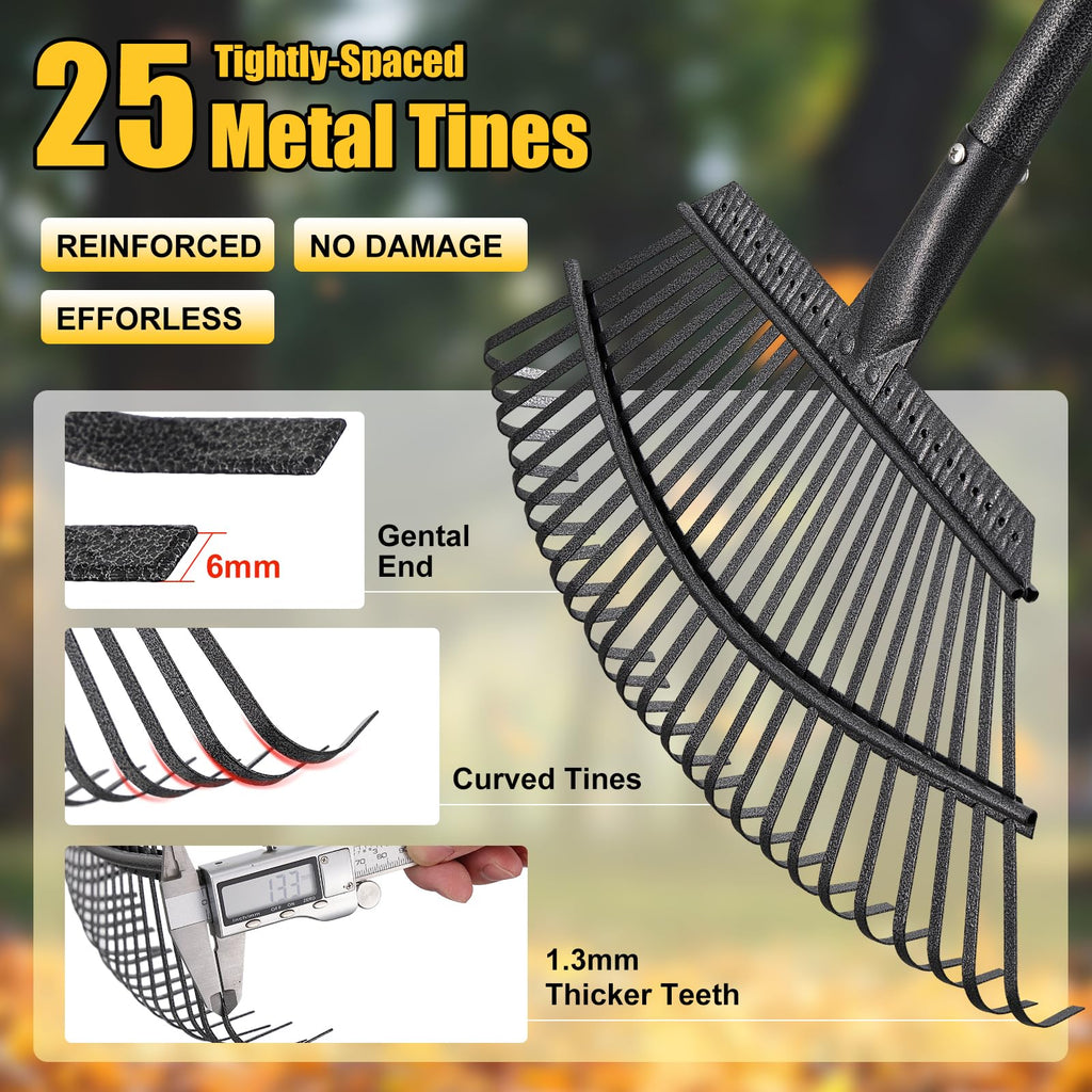 Garden Rake for Leaves: 18” Wide Metal Leaf Rake, 65” Long Adjustable Handle, Heavy Duty 25 Teeth, Fast Kids Women Large Lawn Yard Garden Leaf Cleanup Gardening Rakes: Grass,Debris,Pine Needles Pick