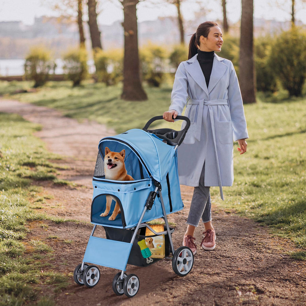 LEMY Pet Stroller,4 Wheels Dog Cat Stroller for Small Medium Dog Cats Carrier Jogger Travel Foldable Puppy with Storage Basket and Cup Holder(Blue)