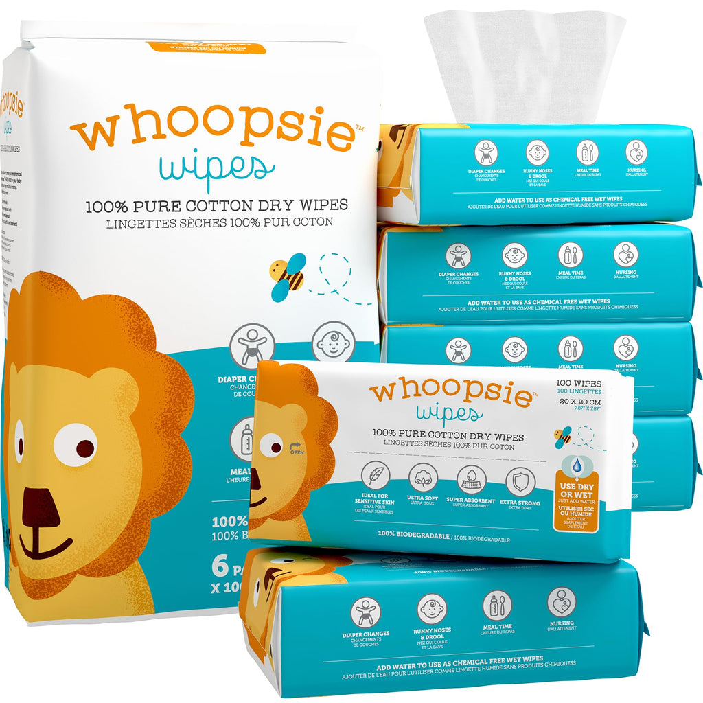 Whoopsie Wipes – The Original 100% Pure Cotton Dry Baby Wipes (600 Count)