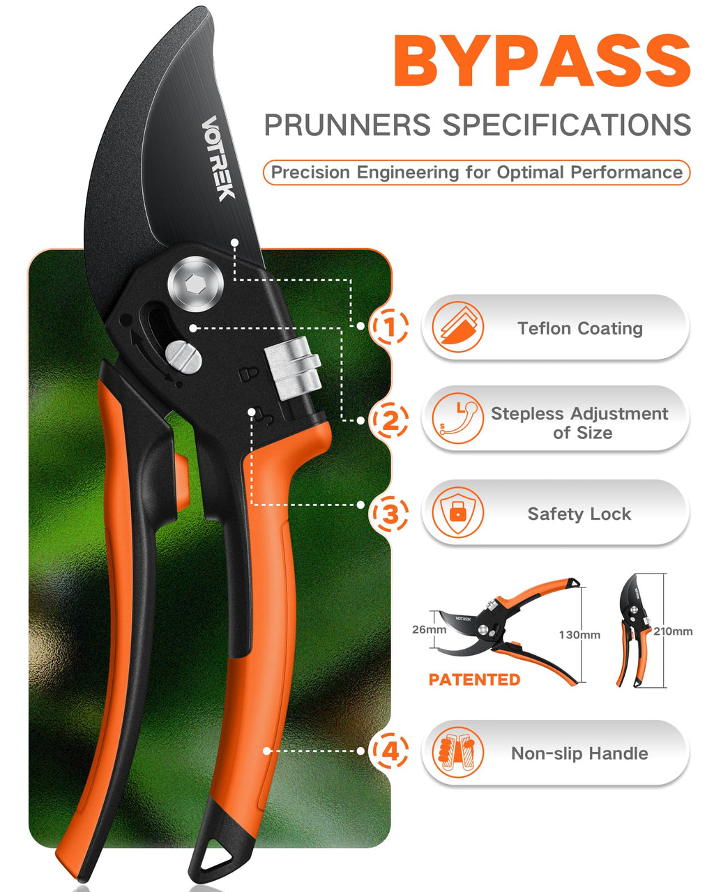 VOTREK 8.5" Garden Shears, Unique Stepless Handle Opening for All Hand Size