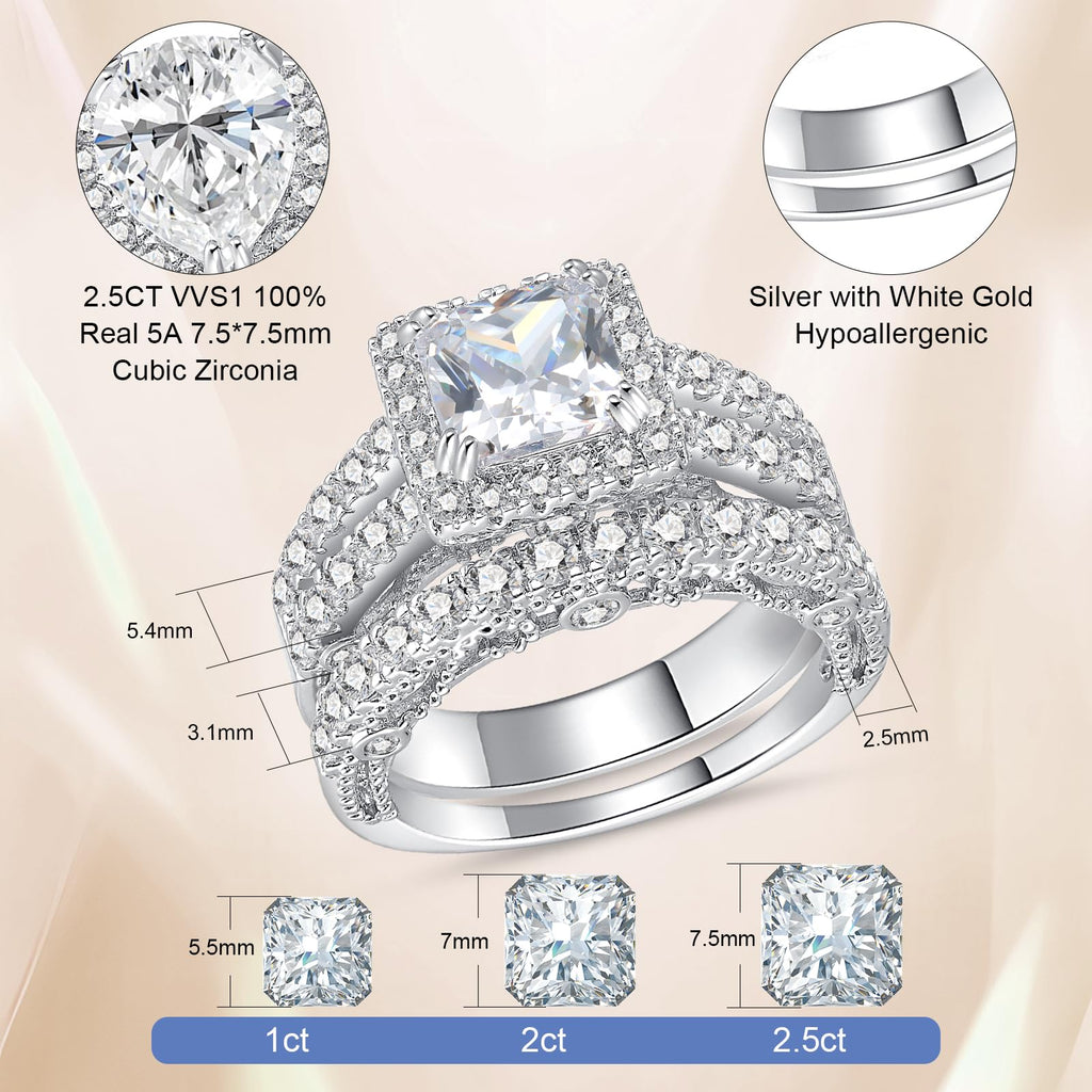 AVECON 5CT Princess Cut Engagement Wedding Ring Set for Women, Size 7