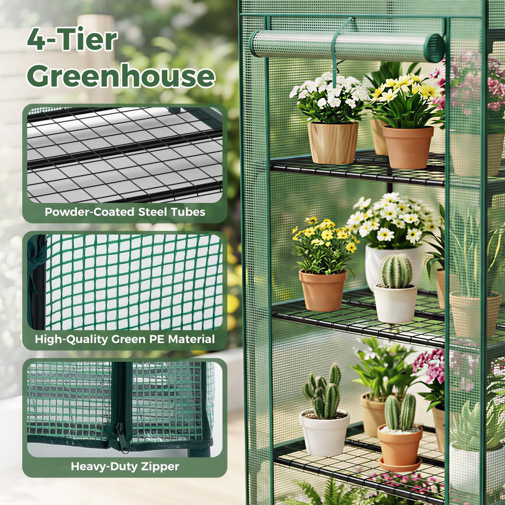 NEWBULIG 27"x19"x63" Mini Greenhouse, with Durable Zipper Door 4 Tier