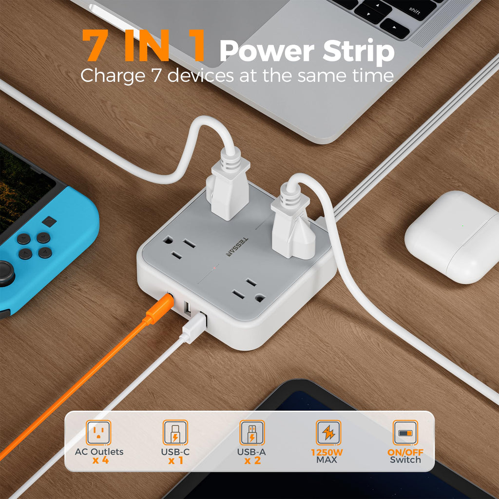 TESSAN Surge Protector Flat Extension Cord 5Ft, Flat Plug Power Strip