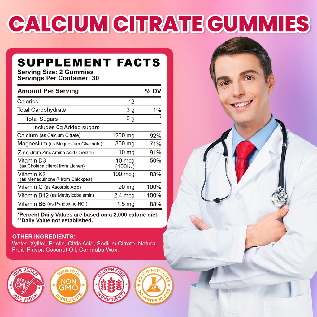 Calcium Citrate Gummies - 1200mg Calcium Gummies Supplements for Women & Men with Vitamin D3, K2, Magnesium, Zinc High Absorption for Bone, Muscle & Immune Support, Fruit Flavor, 60 Count