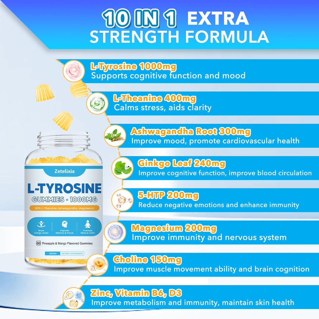 L Tyrosine Gummies, 2 Pack L-Tyrosine Supplement, Tyrosine Gummies with L-Theanine B6 D3, Tyrosine Supplement for Brain, Memory, Energy, Mood for Adult & Kids, Pineapple & Mango Flavor, 120 Ct