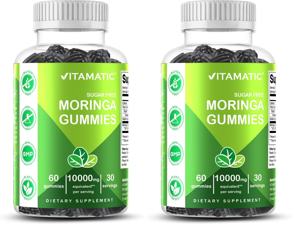 Vitamatic Sugar Free Moringa Gummies – 10,000 mg Equivalent per Serving (from 200 mg of 50:1 Extract) – Green Superfood Supplement – 60 Pectin-Based Vegan Gummies – No Sugar Added (Pack of 2)