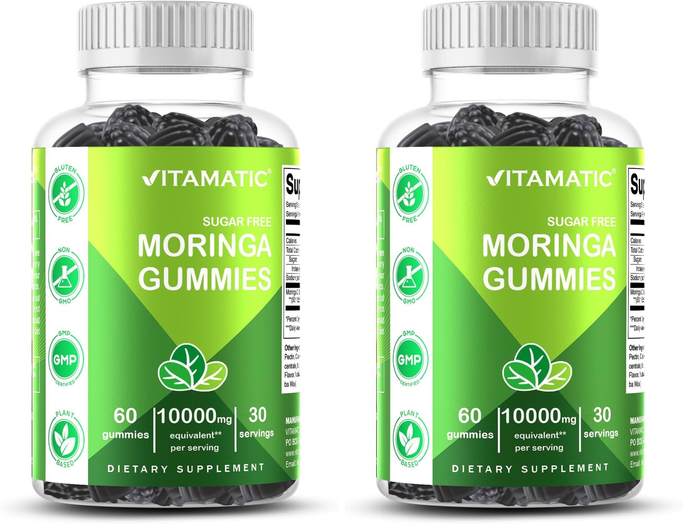 Vitamatic Sugar Free Moringa Gummies – 10,000 mg Equivalent per Serving (from 200 mg of 50:1 Extract) – Green Superfood Supplement – 60 Pectin-Based Vegan Gummies – No Sugar Added (Pack of 2)