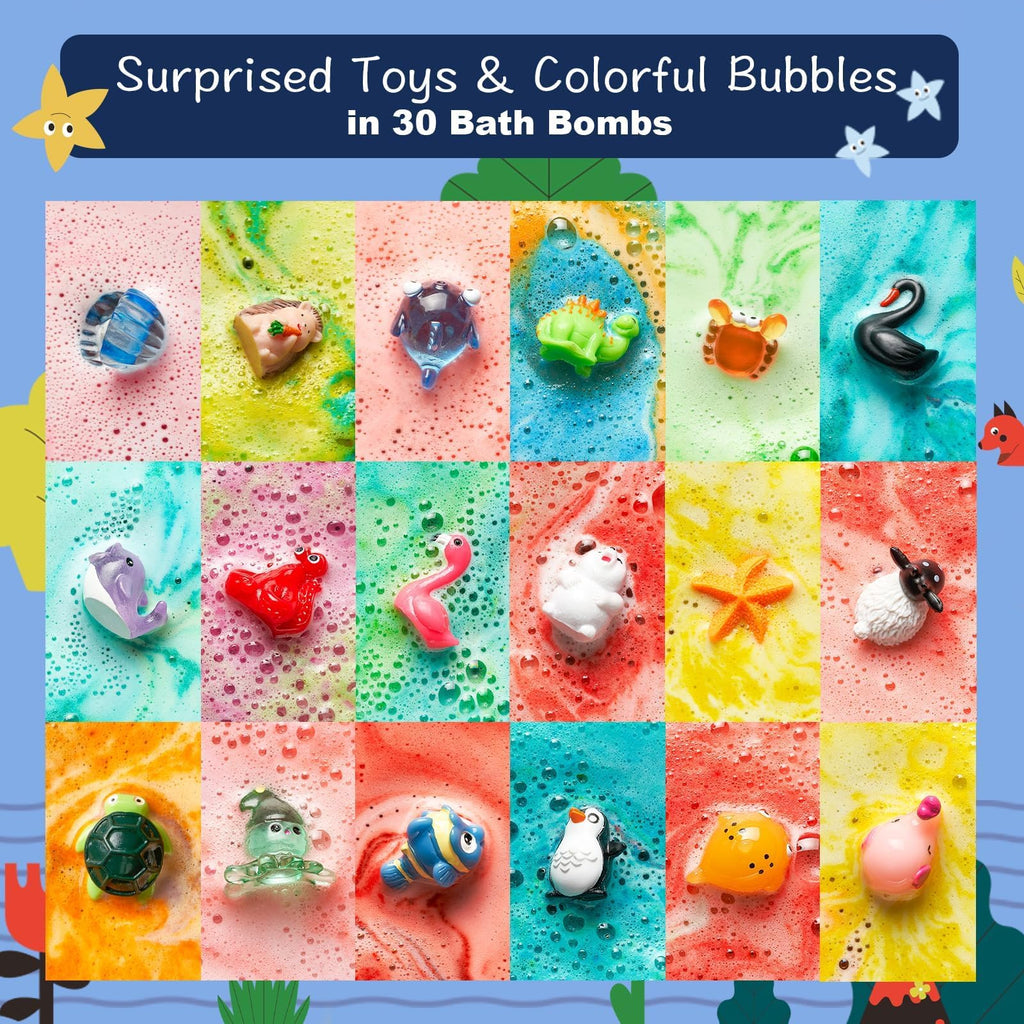 30 Pack Kids Bath Bombs with Land & Sea Animal Toys, Dual-Themed Gift Boxes