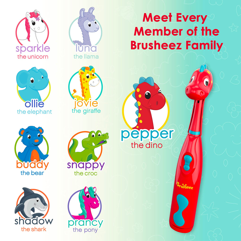 Brusheez Kids’ Electric Toothbrush Set - Safe & Effective for Ages 3+ - Parent Tested & Approved with Gentle Bristles, 2 Brush Heads, Rinse Cup, 2-Minute Timer, & Storage Base (Pepper the Dino)