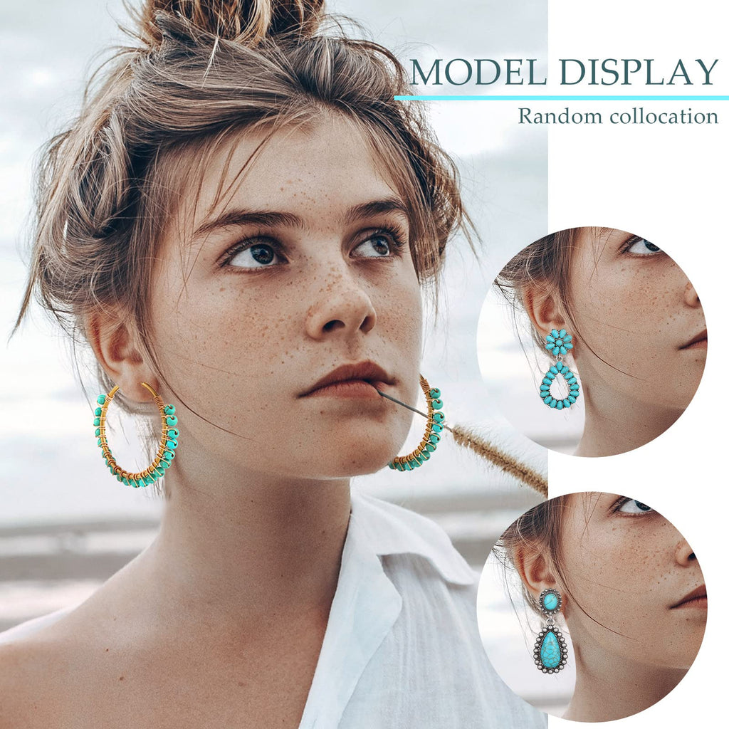 Trnayi 12 Pairs Turquoise Earring Set for Women Turquoise Bohemian Dangle Stud Earrings Round Metal Earrings Boho Vintage Oval Earring Metal for Jewelry(Fresh Style,Green)