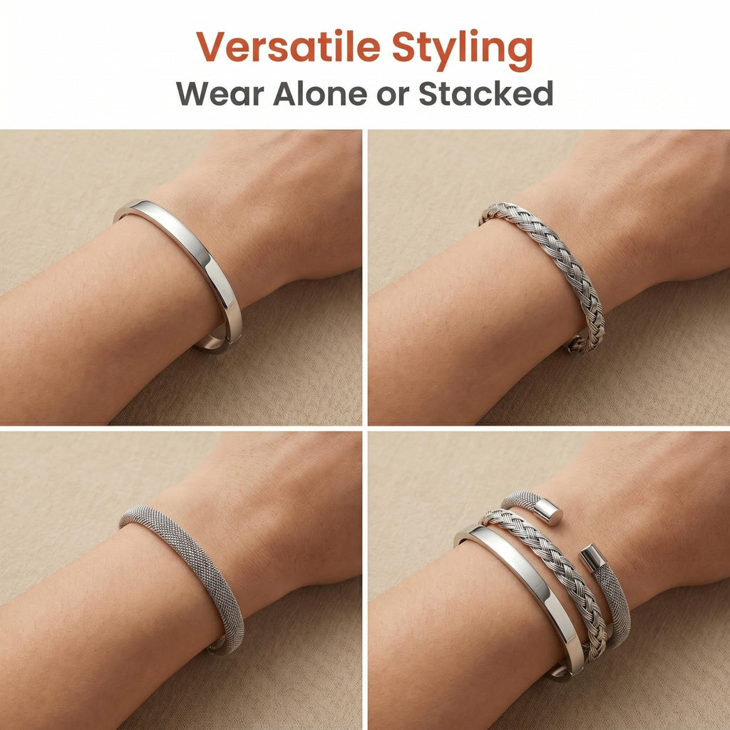 KUDANLONG Silver Cuff Bracelets for Women, Stainless Steel Stackable Bangle