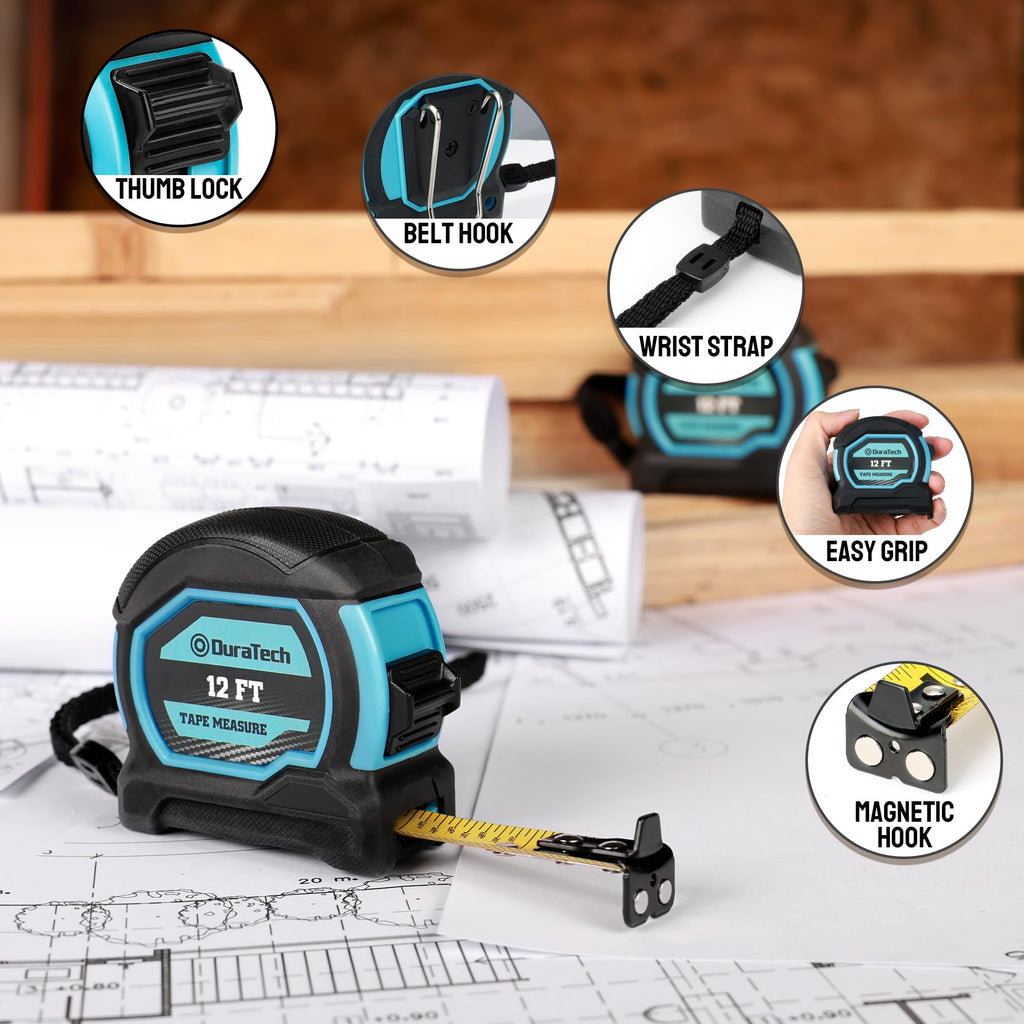 DURATECH Magnetic Tape Measure 12FT with Fractions 1/8, 2 Pack Retractable Measuring Tape, Easy to Read Both Side Measurement Tape, Magnetic Hook and Shock Absorbent Case for Construction, Carpenter