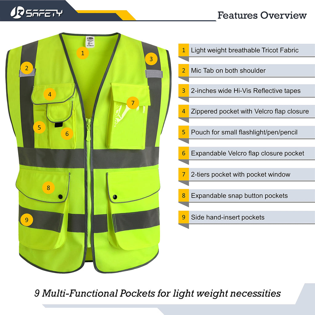 JKSafety 9 Pockets Class 2 High Visibility Zipper Front Safety Vest With Reflective Strips, Yellow Meets ANSI/ISEA Standards (3X-Large-150-Yellow)