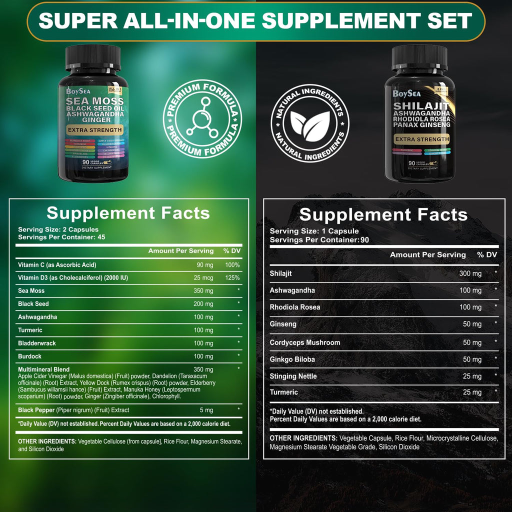 Boysea.Shilajit and Sea Moss Bundle- 90 Count - Sea Moss, Black Seed Oil, Ashwagandha, Ginger & Shilajit, Rhodiola Rosea, All in 1 Supplements (2 Pc)