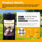 AggFencer 16in x 100ft Black Hardware Cloth 1/2 inch 19Ga PVC Coated Wire Mesh Vinyl Coated Fence, Welded Metal Chicken Wire Fencing Roll, Garden Plant Fencing, for Chicken Coop and Home Improvement