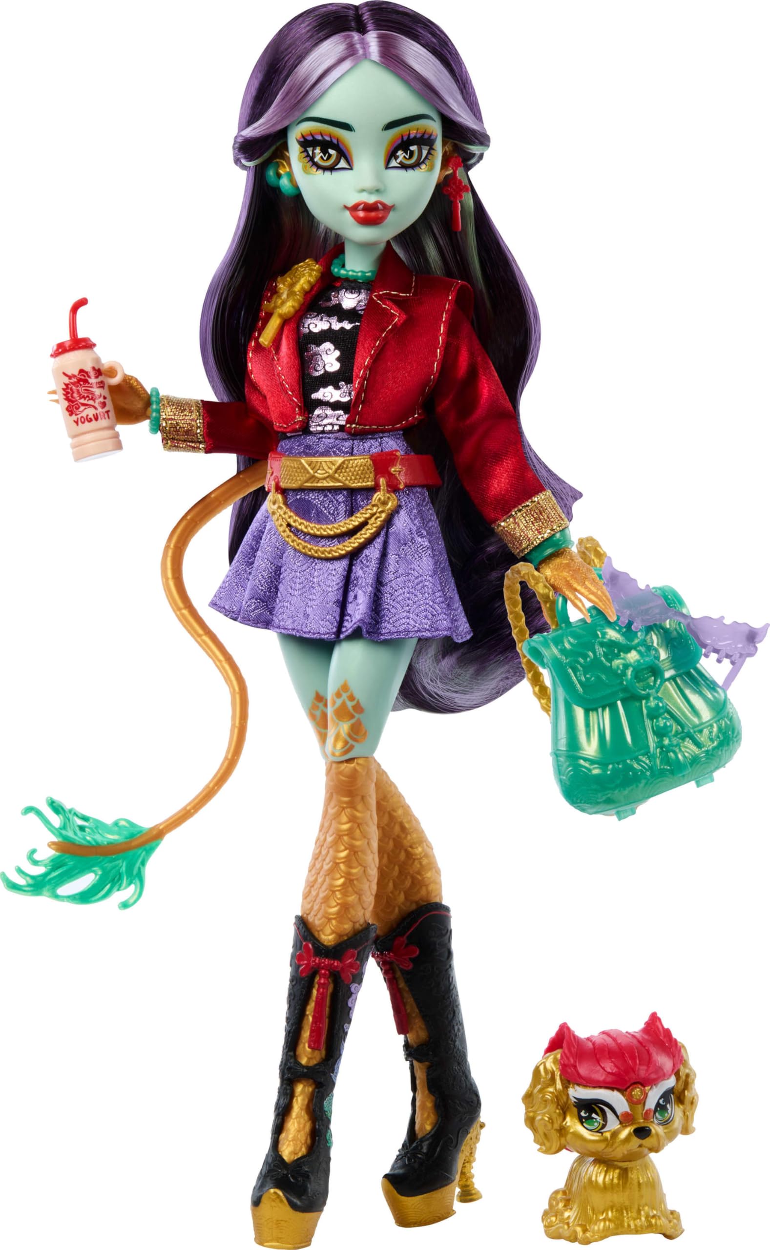 Monster High Jinafire Long Doll, Dragon with Pet Dog Cloudy “Yun Yun” and 7 Accessories Like Sketch Pad, Yogurt Drink, Backpack and More