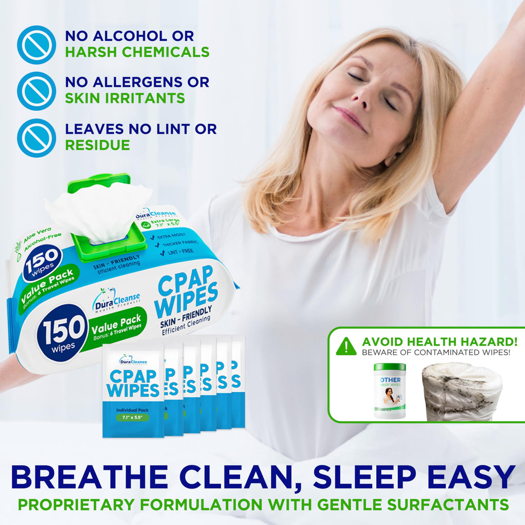 Dura Cleanse CPAP Mask Cleaning Wipes - 4 Pack, 4x150 Count + 24 Travel Sheets - Extra Large and Moist Cleaning Wipes for Full Face, Nasal Masks, CPAP Machines & Supplies - Skin Safe with Aloe Vera