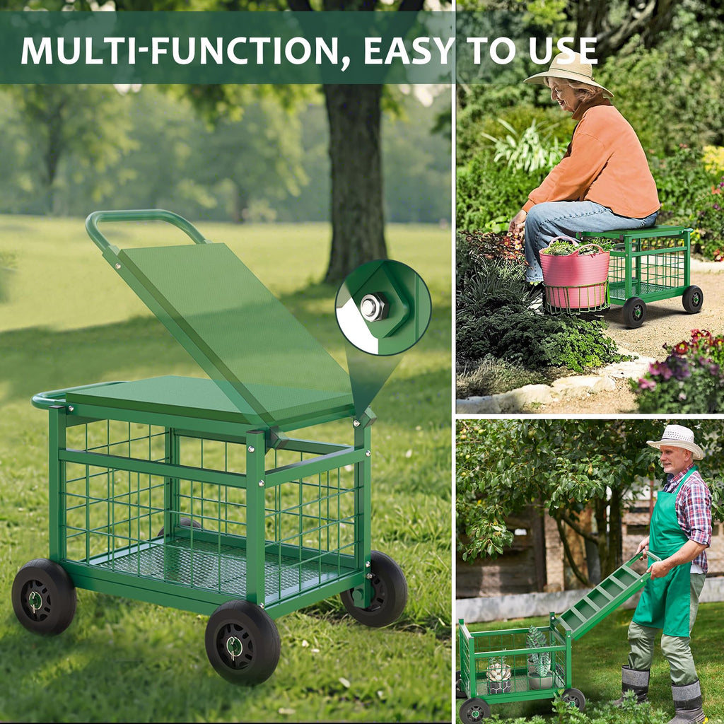 Garden Cart with Seat,3-in-1 Rolling Seat with Wheels for Seniors Gardening