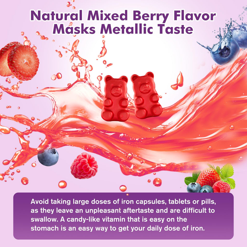 Iron Supplement for Women & Men Gummies, Multivitamin Blood Builder Iron Supplement with Folate Vitamin C B12 B6 Zinc for Adults & Kids - Energy Support - Mixed Berry Flavor, Vegan 60 Gummies