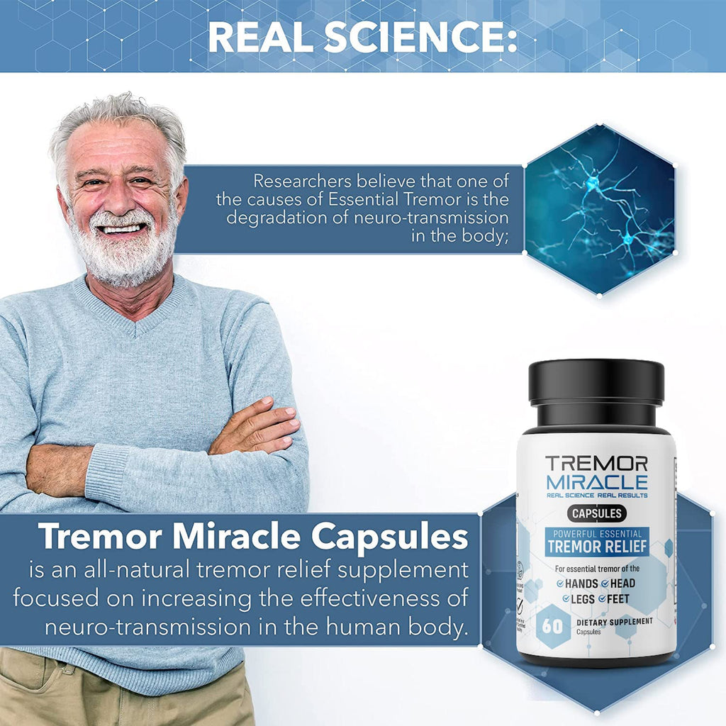 Real Science Tremor Miracle Capsules – Tremor Relief Supplement and Hand Tremor Aids for Adults – with TremorStop Blend, GABA, and Vitamins for Neurotransmission Support – Made in USA, 60 Caps