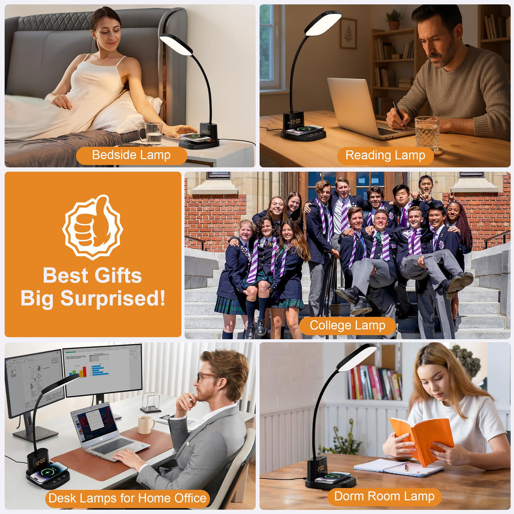 Sailstar Desk Lamp, Bedside Table Lamps with Wireless Charger and Clock, 30Mins Auto-Off Night Light Lamp, 3 Color Modes Dimmable Touch 800LM CRI 95, LED Desk Lamps for Home Office, Adapter Included