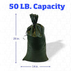 DURASACK Heavy Duty Sand Bags with Tie Strings Empty Woven Polypropylene Sand-Bags for Flood Control with 1600 Hours of UV Protection, 50 lbs Capacity, 14x26 inches, Green, Pack of 100
