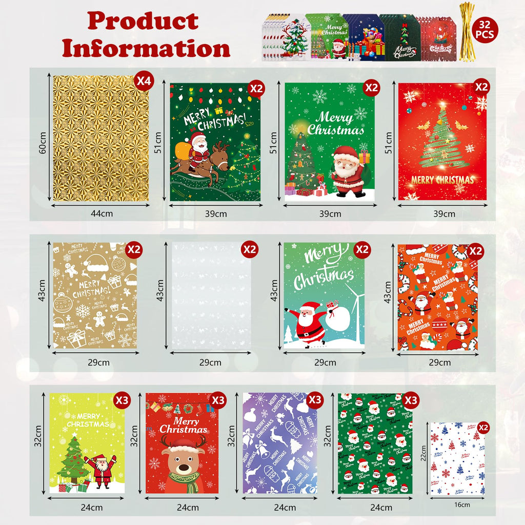 Koncci 32Pcs Drawstring Christmas Bags, Assorted Sizes Large Medium Small