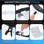 Magnifying Glass with Light, Magnifying Glasses with 5 Detachable Lenses 0.75X-4.0X, Rechargeable Magnifier Headset with 3 LED Lights, Head Magnifier Glasses for Close Work Crafts Jewelry Hobbies