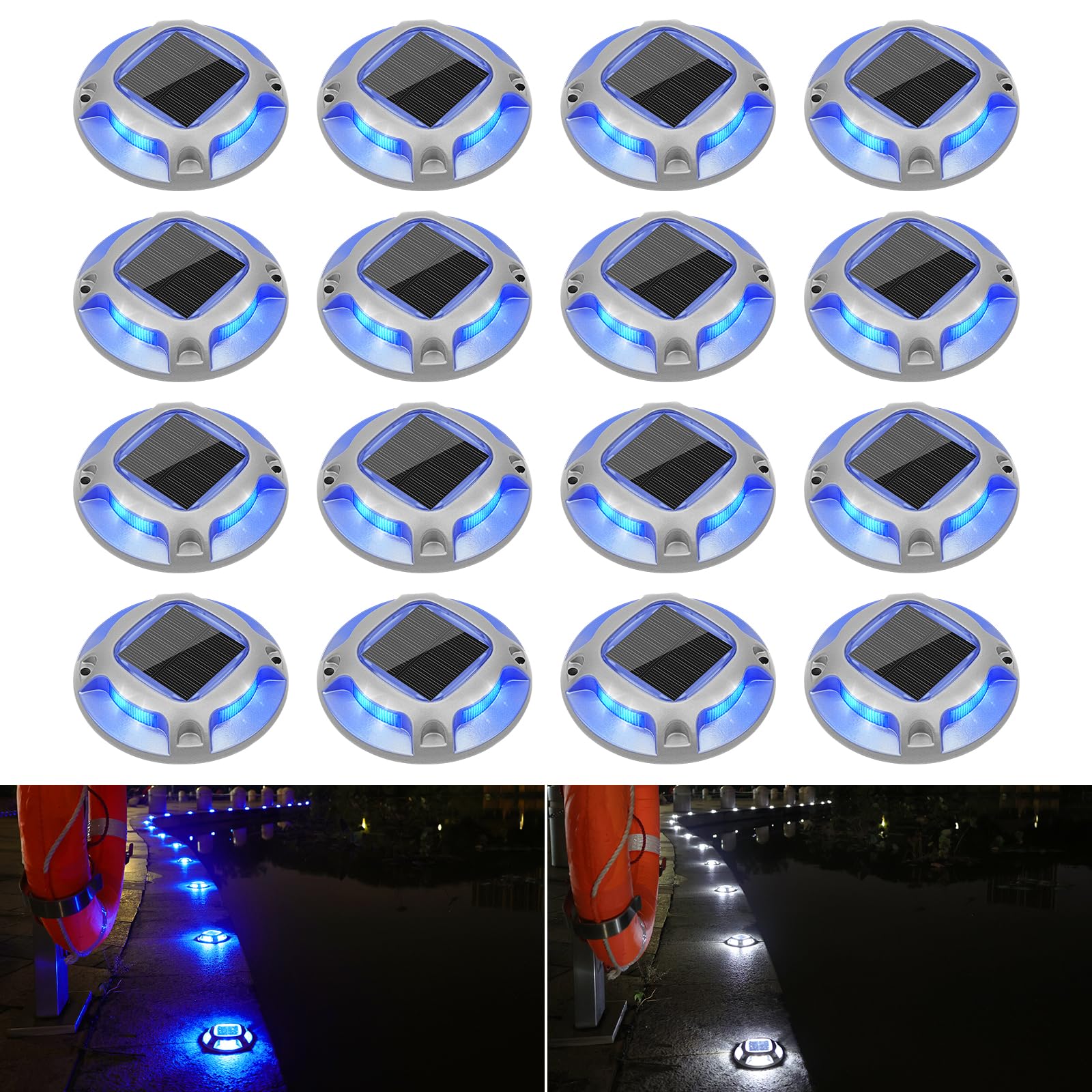 VOLISUN Solar Driveway Lights Dock Marine Lights 16 Pack,2 Colors in 1,Outdoor LED Deck Light,Solar Powered Waterproof Warning Step Light for Driveway Sidewalk Pathway (Blue/White),Saltwater Resistant