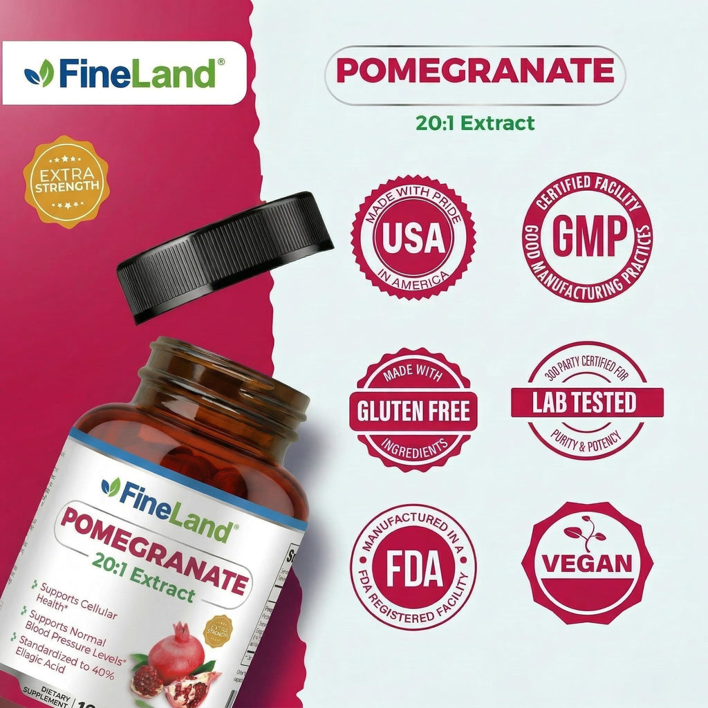 FineLand Pomegranate Extract 20:1, 40% Ellagic Acid Standardized, Antioxidant Supplement for Cellular & DNA Health, 120 Veg Capsules, 4-Month Supply