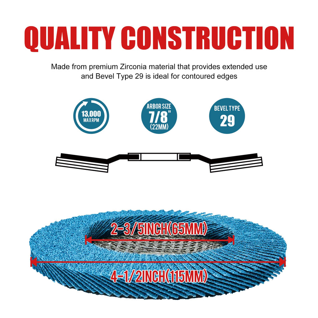 EZARC Zirconia Flap Discs 60 Grit, 4-1/2 x 7/8-Inch, Type 29, 50-Pack