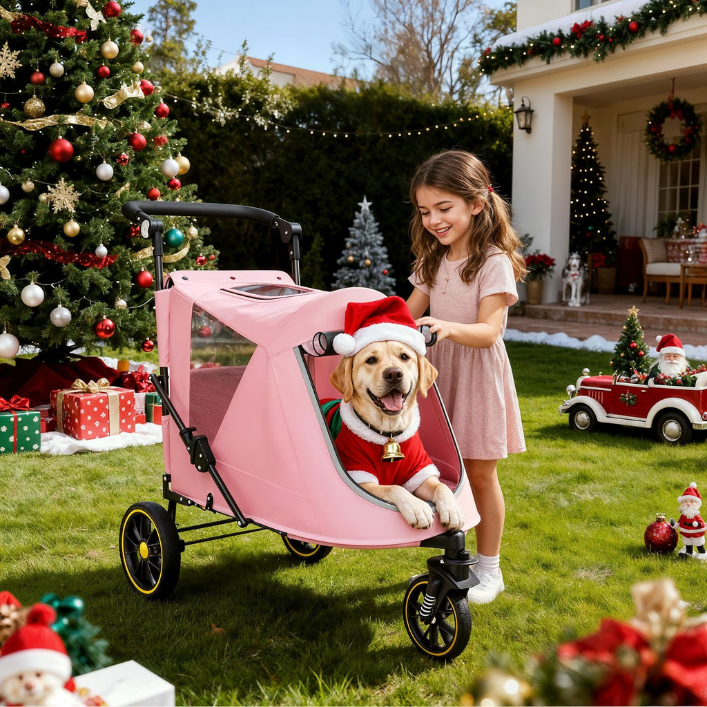 MoNiBloom Pet Stroller for Large Dogs or Multiple Dogs Cats with Adjustable Handle, 3-Wheels Dual Entry Portable Dog Carting Easy Folding Pet Wagon Double Dog Stroller up to 55 lbs, Pink