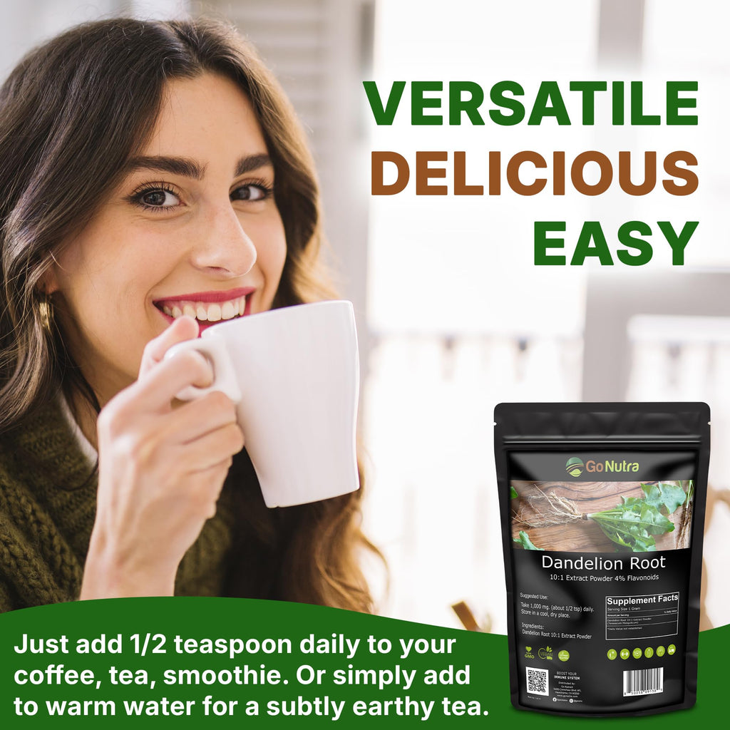 Go Nutra Dandelion Root Powder for Tea, Coffee & Beverages | Concentrated 10:1 Dandelion Root Extract Powder, Caffeine Free | No Added Ingredients | Non-GMO, Vegan | 16 oz (1 lb)