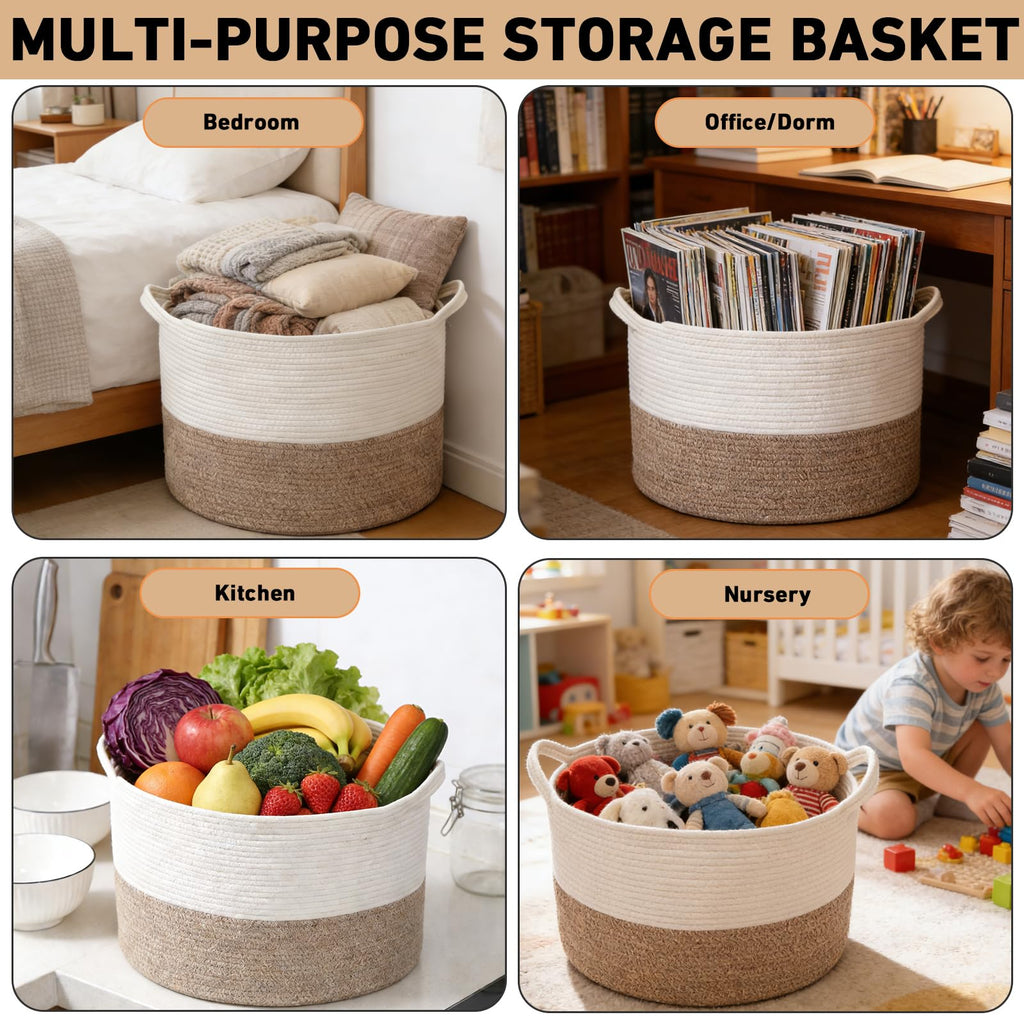 HZFTJOY Large Woven Blanket Basket,65L Cotton Rope Laundry Basket