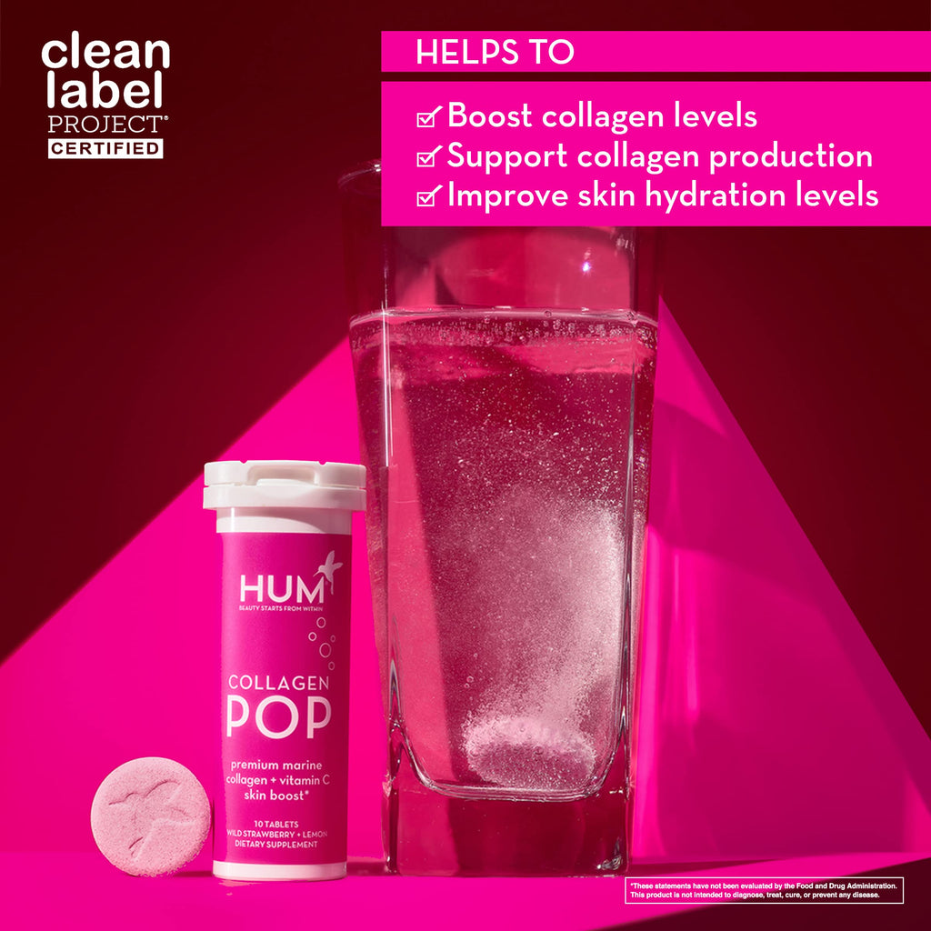 HUM Collagen Pop Marine Collagen Peptides Tablet, Clean Skin Supplement for Women & Men to Support Skin Hydration Levels On The Go, Dissolvable Tablets Strawberry Lemon, 3 Pack, 10 Tablets Each