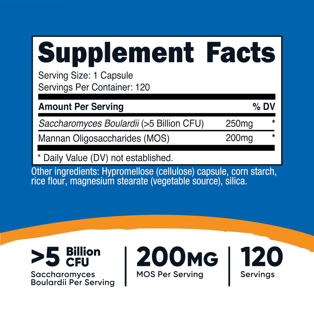 Nutricost Saccharomyces Boulardii + MOS Capsules (>5 Billion CFU) 120 Capsules - Prebiotic + Probiotic, 200mg of MOS Per Serving