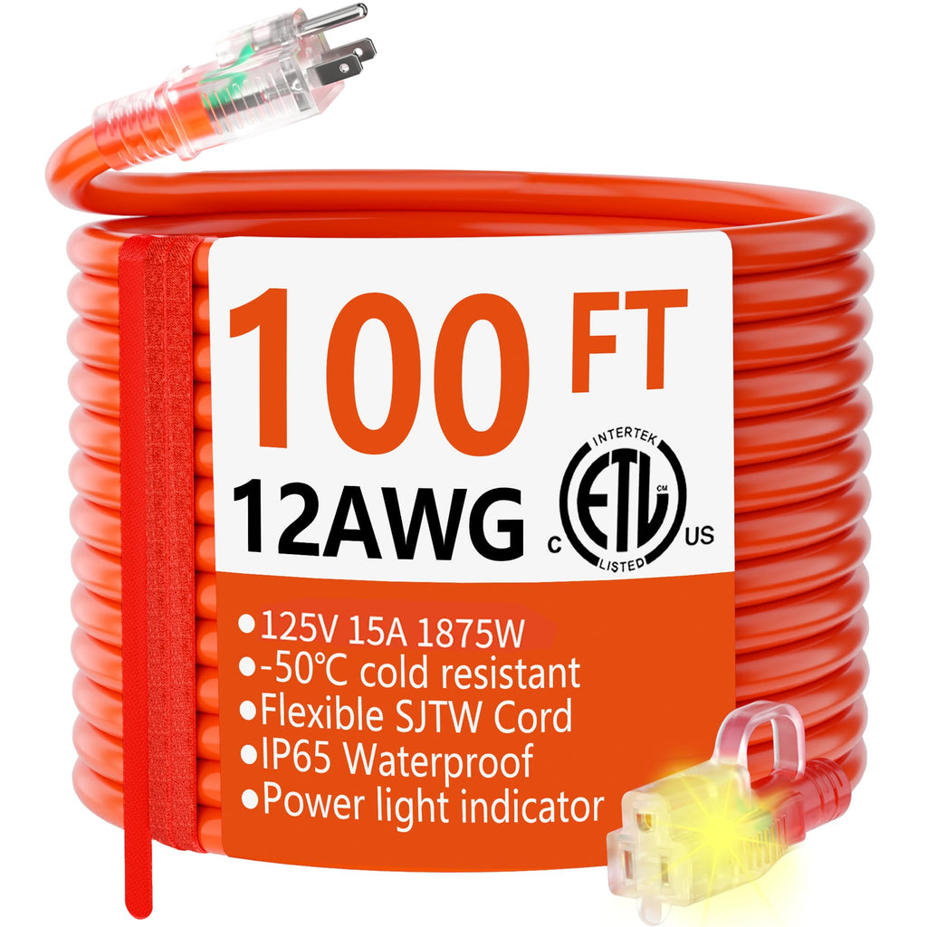 HUANCHAIN 12/3 Gauge Heavy Duty Outdoor Extension Cord 100 ft Waterproof with Lighted end, Flexible Cold-Resistant 3 Prong Electric Cord Outside, 15Amp 1875W 12AWG SJTW, Orange, ETL