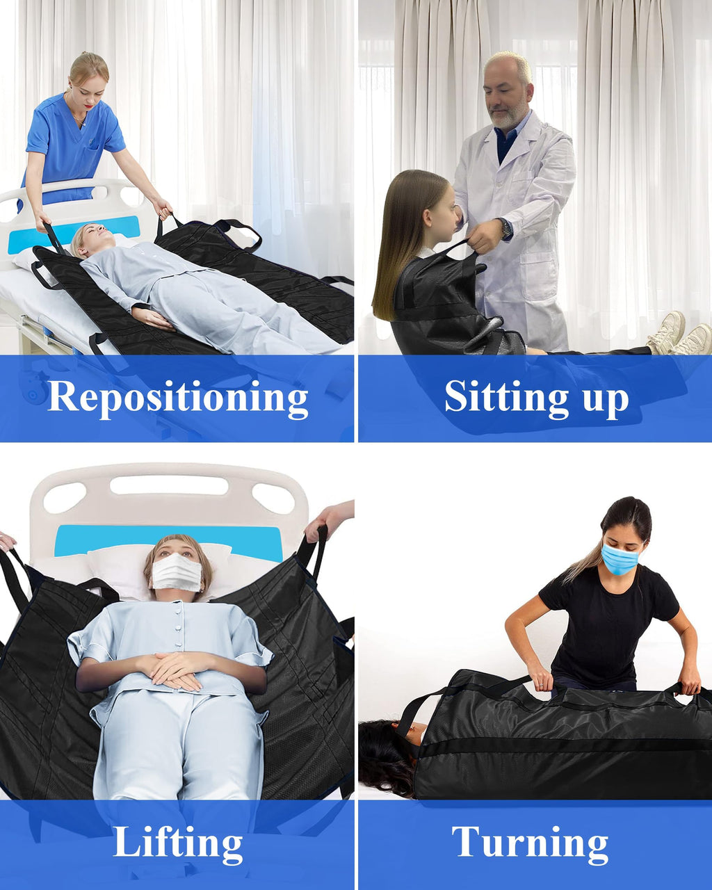 SPRING SEAON Patient Positioning Bed Pad with Handles – Transfer & Slide Sheet for Elderly Care, Waterproof Washable Draw Sheet for Hospital or Home Use, 46.5" x 38.5", 450 LBS Support,Black