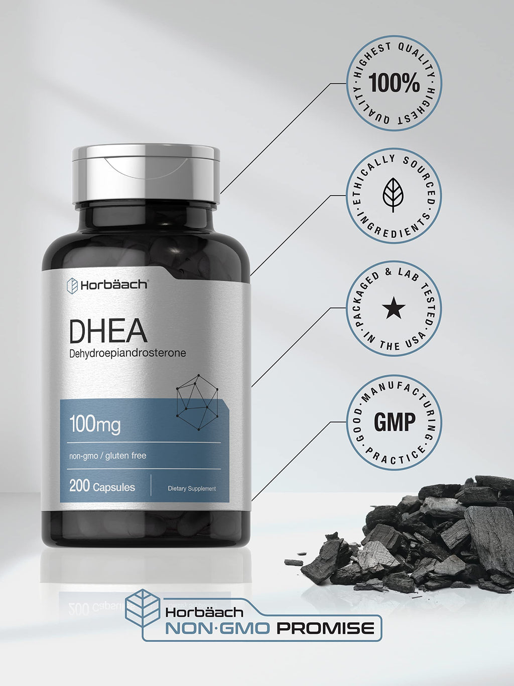 Horbäach DHEA 100mg | 200 Capsules | Supplement for Men and Women | Non-GMO, Gluten Free