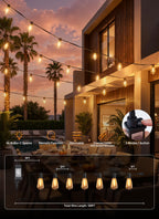 Minetom 100FT Outdoor String Lights with Remote, 46+2 Shatterproof ST38 LED Bulbs, Waterproof Patio Lights with 3 Modes, Dimmable & Connectable 2700K Hanging Lights for Backyard Porch Deck Balcony