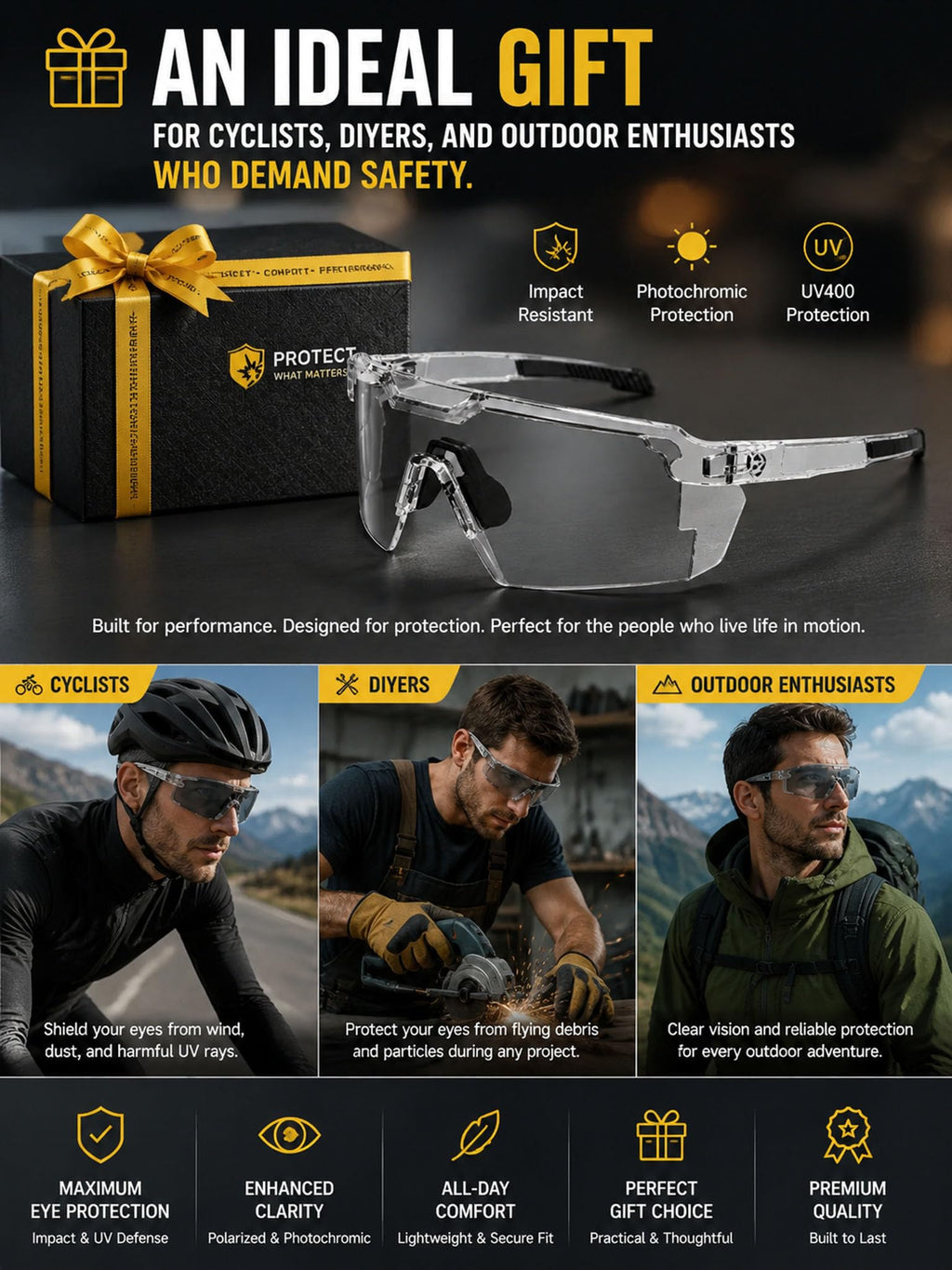 FOSHANEER UV400 Photochromic Polarized Safety Glasses - Impact Resistant Outdoor Sports Eyewear with Transition Lenses - Anti-Glare Protective Work Sunglasses for Cycling, Driving & Fishing (Bule)