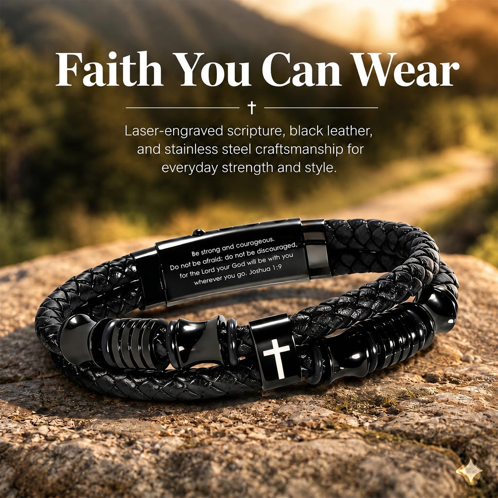Enjoy Risingsun Bible Verse Christian Bracelet for Men, Adjustable Braided Black Leather Cross Jewelry, Inspirational Religious Faith Gifts for Men, Dad, Son, Husband (Joshua 1:9)
