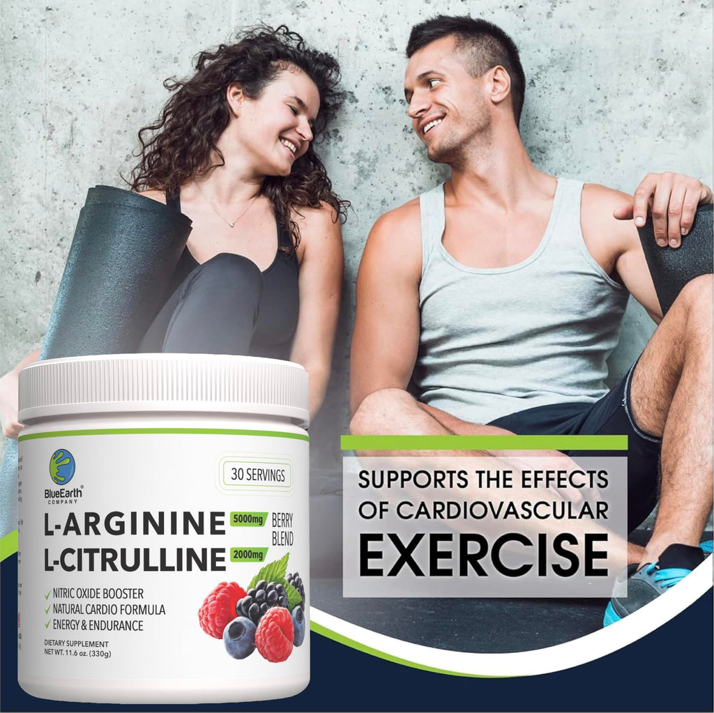 BlueEarth Company L-Arginine 5000mg + L-Citrulline 2000mg Complex Powder Supplement - Nitric Oxide Booster - Heart Health, Blood Flow, Energy & Endurance - 30 Servings (Berry Blend)